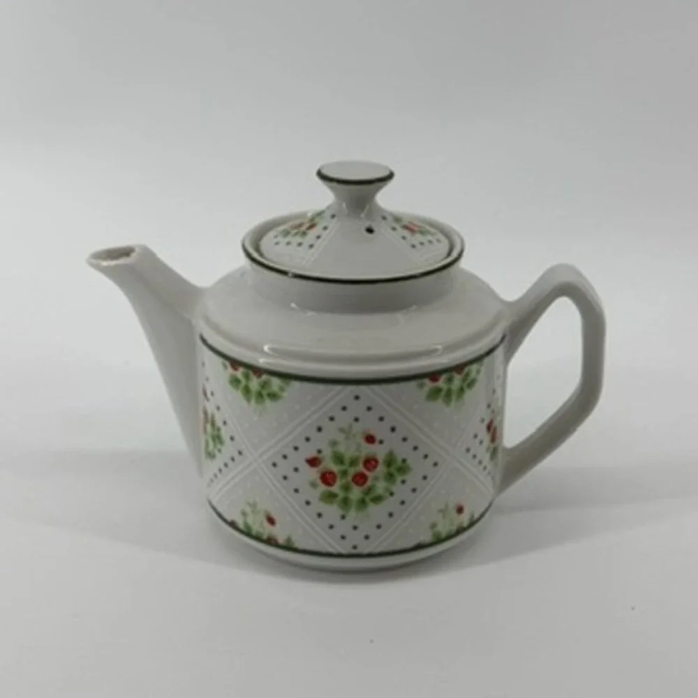Vintage 1975 Enesco Swiss Strawberry Dot Fine China Teapot Japan White Green